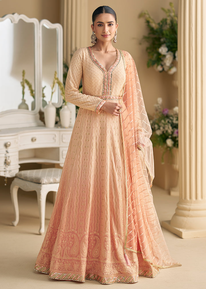 Buy Now Peach Chikankari Embroidered Wedding Festive Anarkali Gown Online in US, UK, Canada, France, Italy, Sweden, Ireland, Denmark & Worldwide at Empress.
