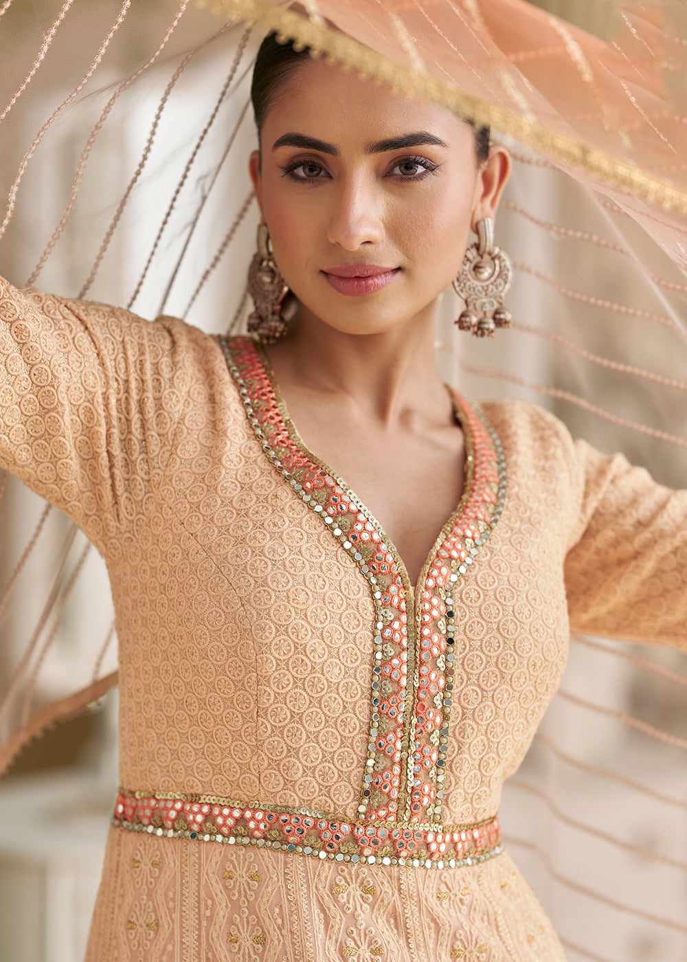 Buy Now Peach Chikankari Embroidered Wedding Festive Anarkali Gown Online in US, UK, Canada, France, Italy, Sweden, Ireland, Denmark & Worldwide at Empress.