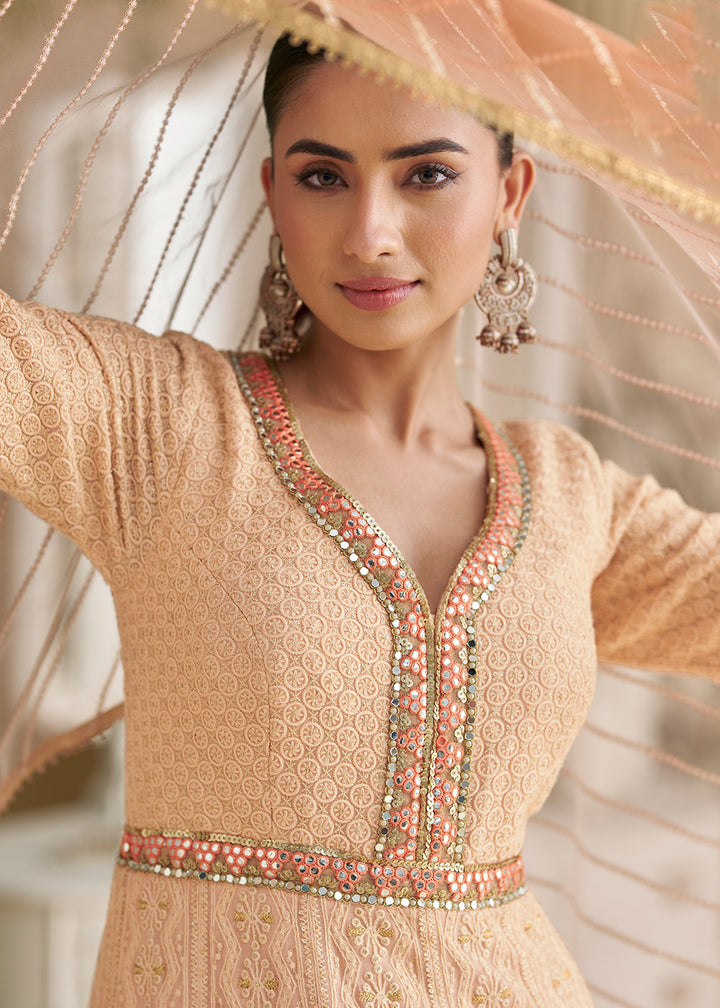 Buy Now Peach Chikankari Embroidered Wedding Festive Anarkali Gown Online in US, UK, Canada, France, Italy, Sweden, Ireland, Denmark & Worldwide at Empress.