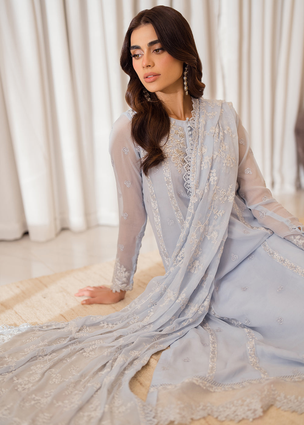 Buy Now 3 Pcs Embroidered Luxury Chiffon Formals '24 by Azure | Serenity Sky Online at Empress Online in USA, UK, Canada & Worldwide at Empress Clothing. 