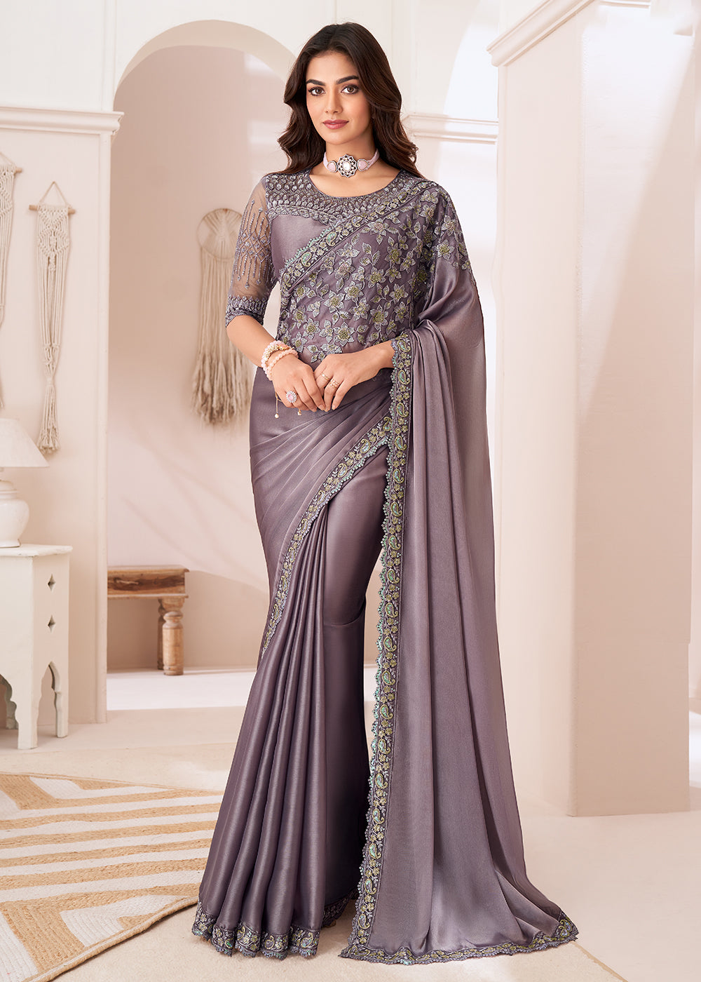 Buy Now Attractive Dusty Purple Satin Silk Designer Wear Saree Online in Canada, UK, France, Germany, USA & Worldwide at Empress Clothing. 