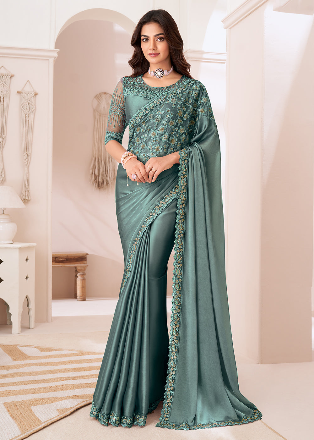 Buy Now Attractive Dusty Sea Green Satin Silk Designer Wear Saree Online in Canada, UK, France, Germany, USA & Worldwide at Empress Clothing. 