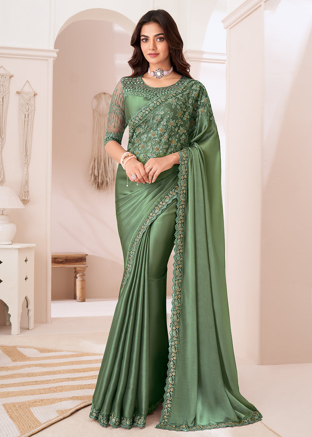 Buy Now Attractive Dusty Green Satin Silk Designer Wear Saree Online in Canada, UK, France, Germany, USA & Worldwide at Empress Clothing. 