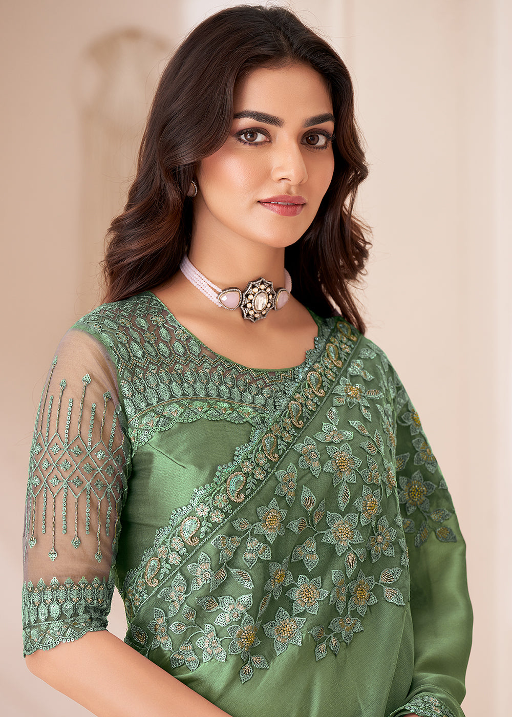 Buy Now Attractive Dusty Green Satin Silk Designer Wear Saree Online in Canada, UK, France, Germany, USA & Worldwide at Empress Clothing. 