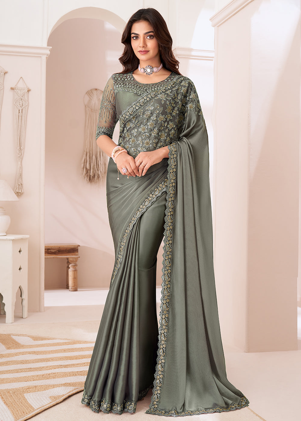 Buy Now Attractive Moss Grey Satin Silk Designer Wear Saree Online in Canada, UK, France, Germany, USA & Worldwide at Empress Clothing.