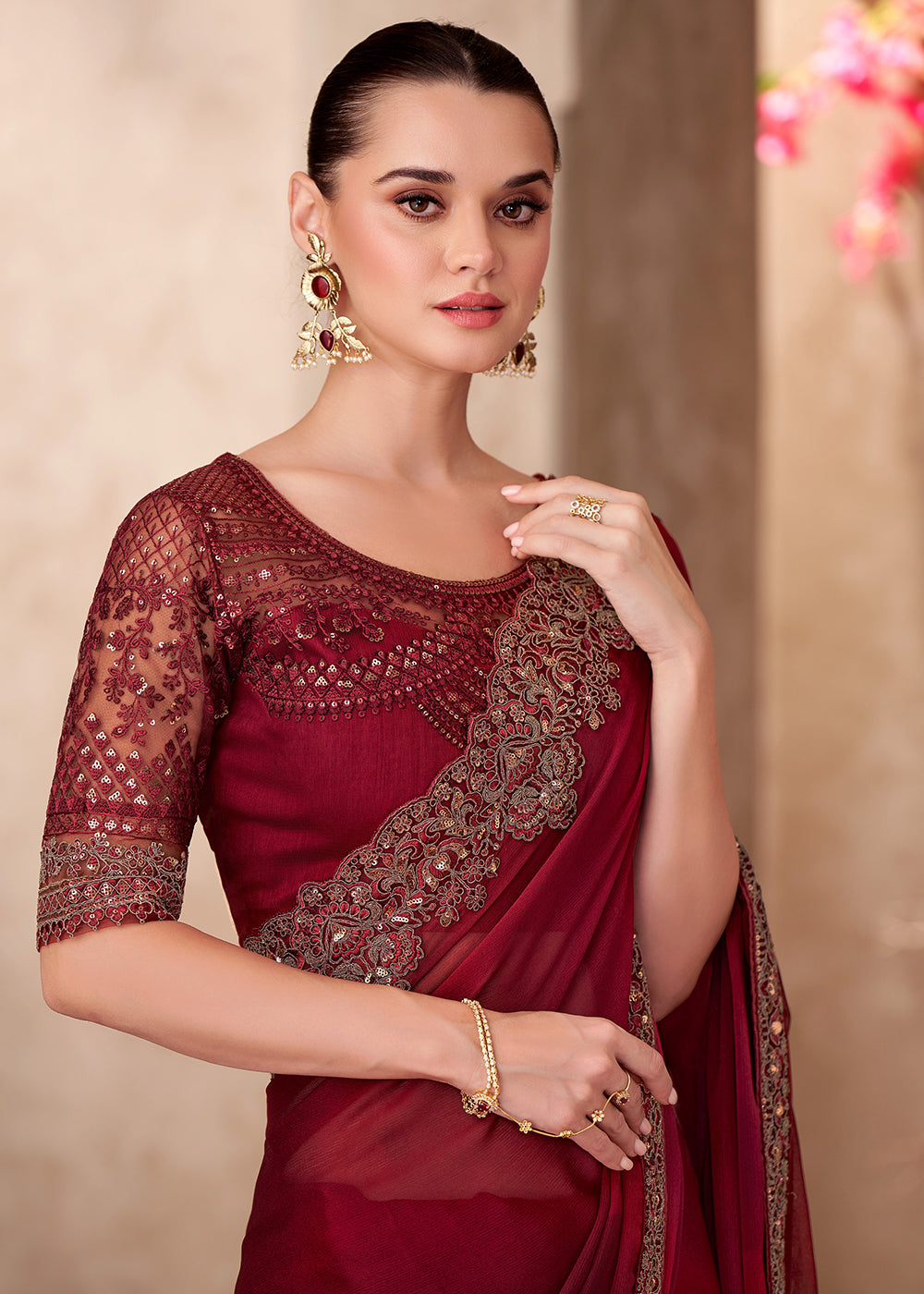 Buy Designer Style Maroon Embroidered Wedding Saree Online in USA, UK, Canada, Spain, France, Germany, Italy, Austria, UAE, Singapore & Worldwide at Empress.