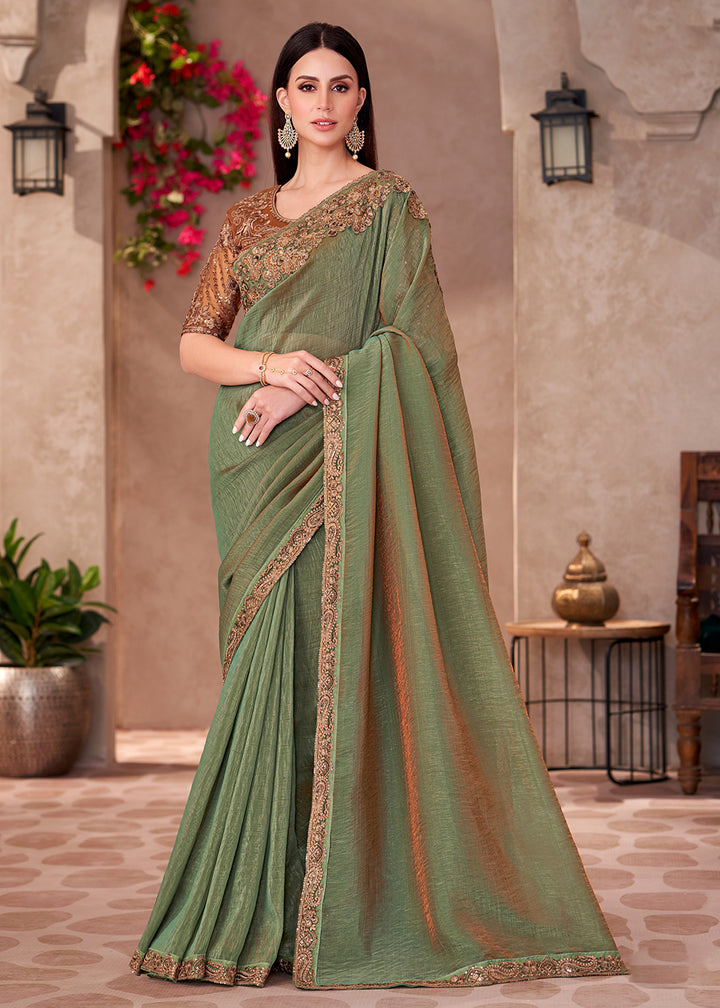 Buy Designer Style Green Embroidered Wedding Saree Online in USA, UK, Canada, Spain, France, Germany, Italy, Austria, UAE, Singapore & Worldwide at Empress.