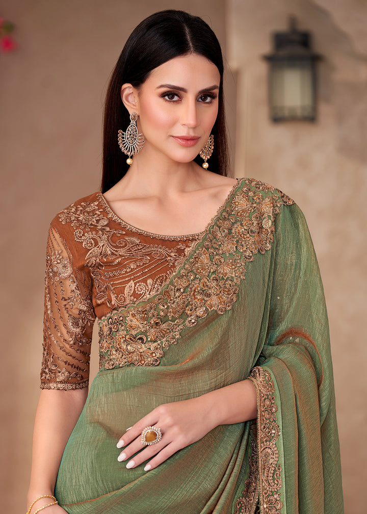 Buy Designer Style Green Embroidered Wedding Saree Online in USA, UK, Canada, Spain, France, Germany, Italy, Austria, UAE, Singapore & Worldwide at Empress.