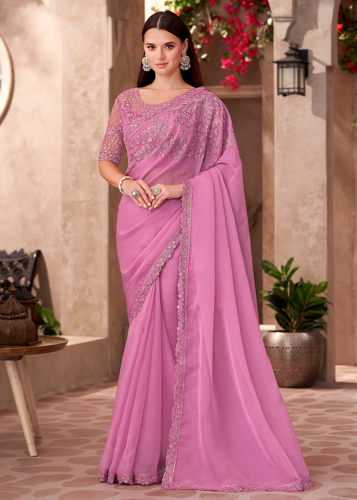 Buy Designer Style Pink Embroidered Wedding Saree Online in USA, UK, Canada, Spain, France, Germany, Italy, Austria, UAE, Singapore & Worldwide at Empress.