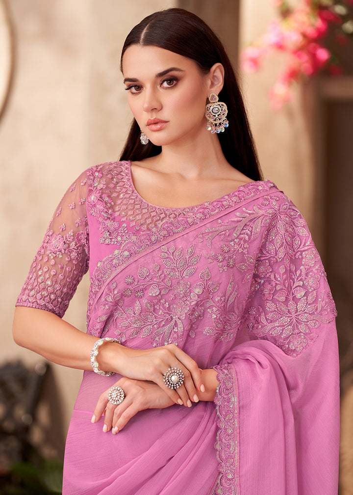 Buy Designer Style Pink Embroidered Wedding Saree Online in USA, UK, Canada, Spain, France, Germany, Italy, Austria, UAE, Singapore & Worldwide at Empress.