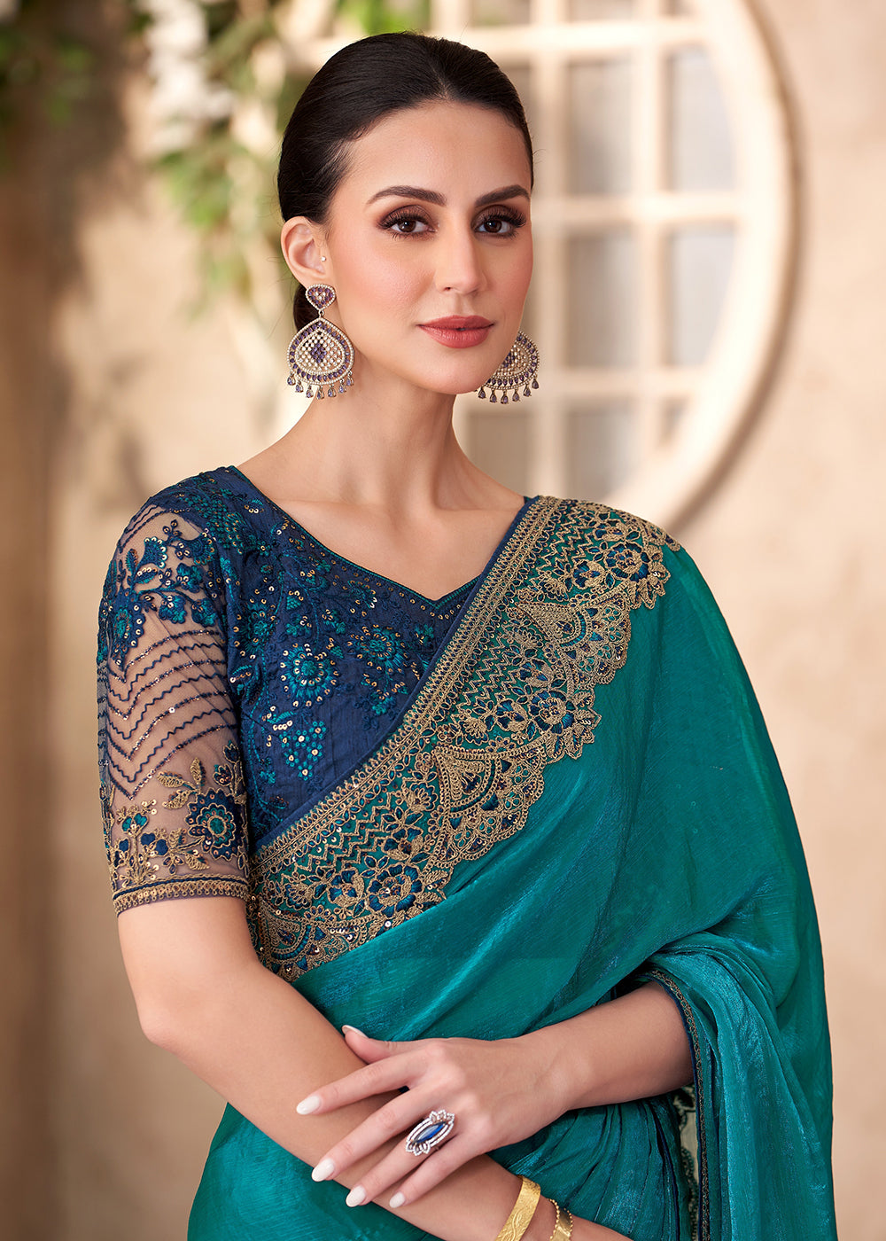 Buy Designer Style Teal Embroidered Wedding Saree Online in USA, UK, Canada, Spain, France, Germany, Italy, Austria, UAE, Singapore & Worldwide at Empress.
