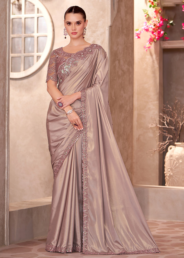 Buy Designer Style Brown Embroidered Wedding Saree Online in USA, UK, Canada, Spain, France, Germany, Italy, Austria, UAE, Singapore & Worldwide at Empress.