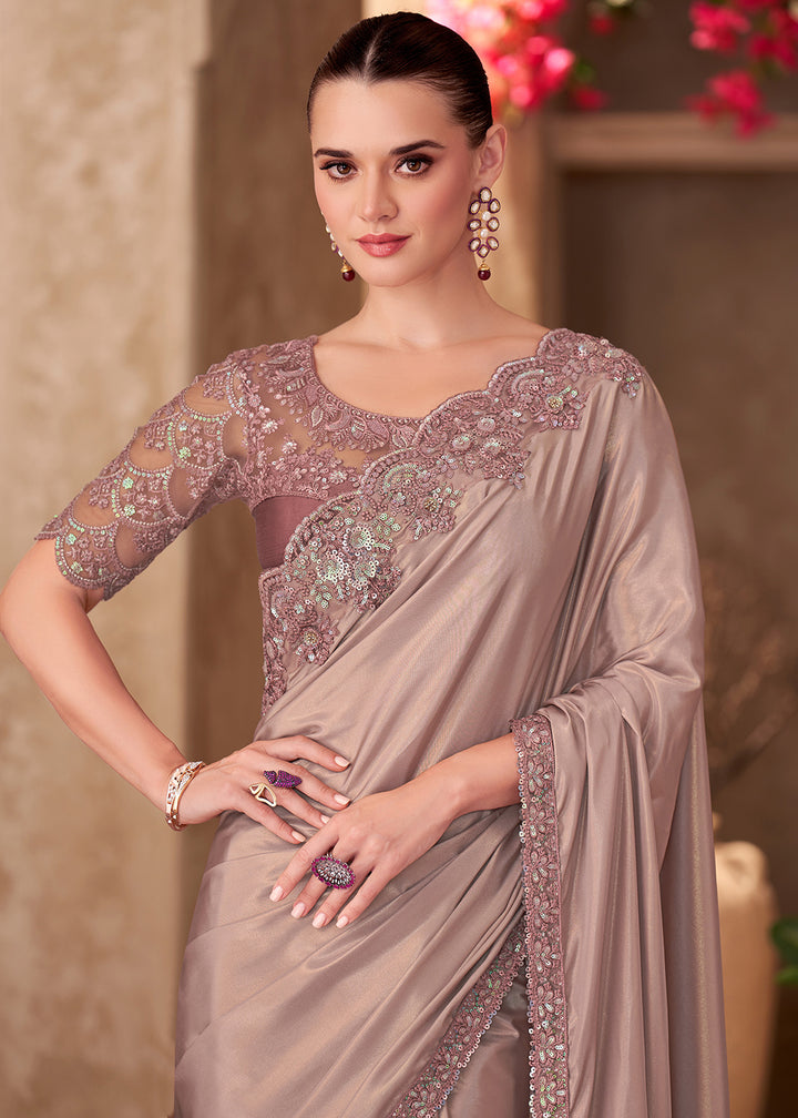 Buy Designer Style Brown Embroidered Wedding Saree Online in USA, UK, Canada, Spain, France, Germany, Italy, Austria, UAE, Singapore & Worldwide at Empress.