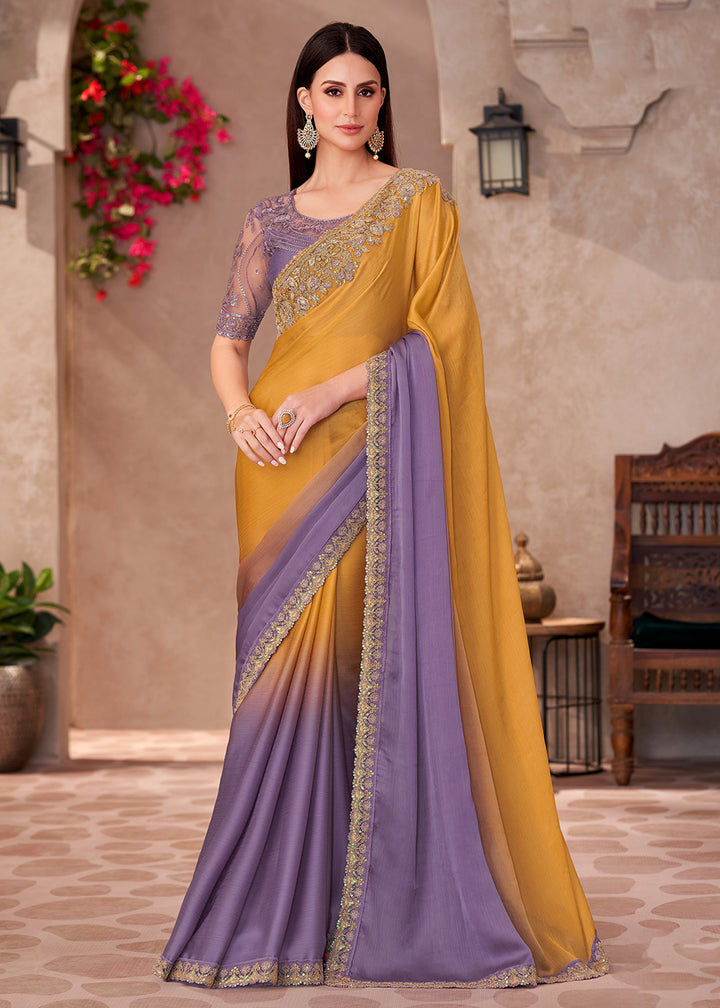 Buy Designer Style Mustard Purple Embroidered Wedding Saree Online in USA, UK, Canada, France, Germany, Italy, Austria, UAE, Singapore & Worldwide at Empress.