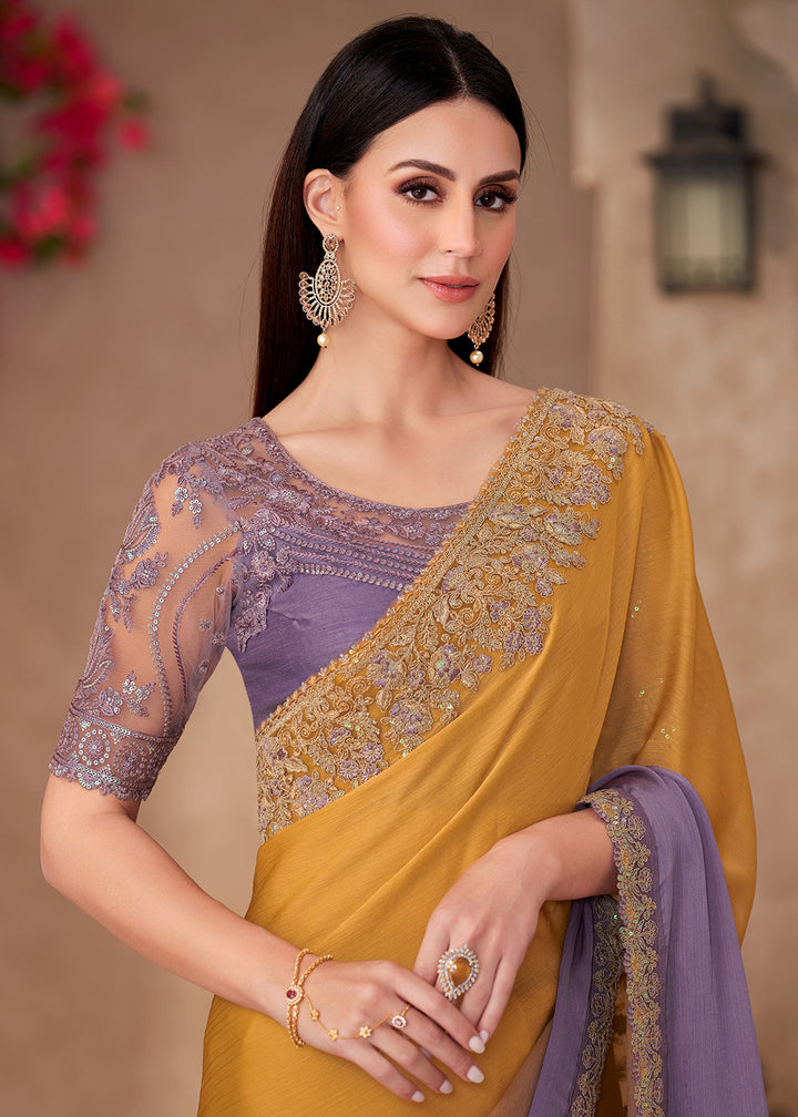 Buy Designer Style Mustard Purple Embroidered Wedding Saree Online in USA, UK, Canada, France, Germany, Italy, Austria, UAE, Singapore & Worldwide at Empress.