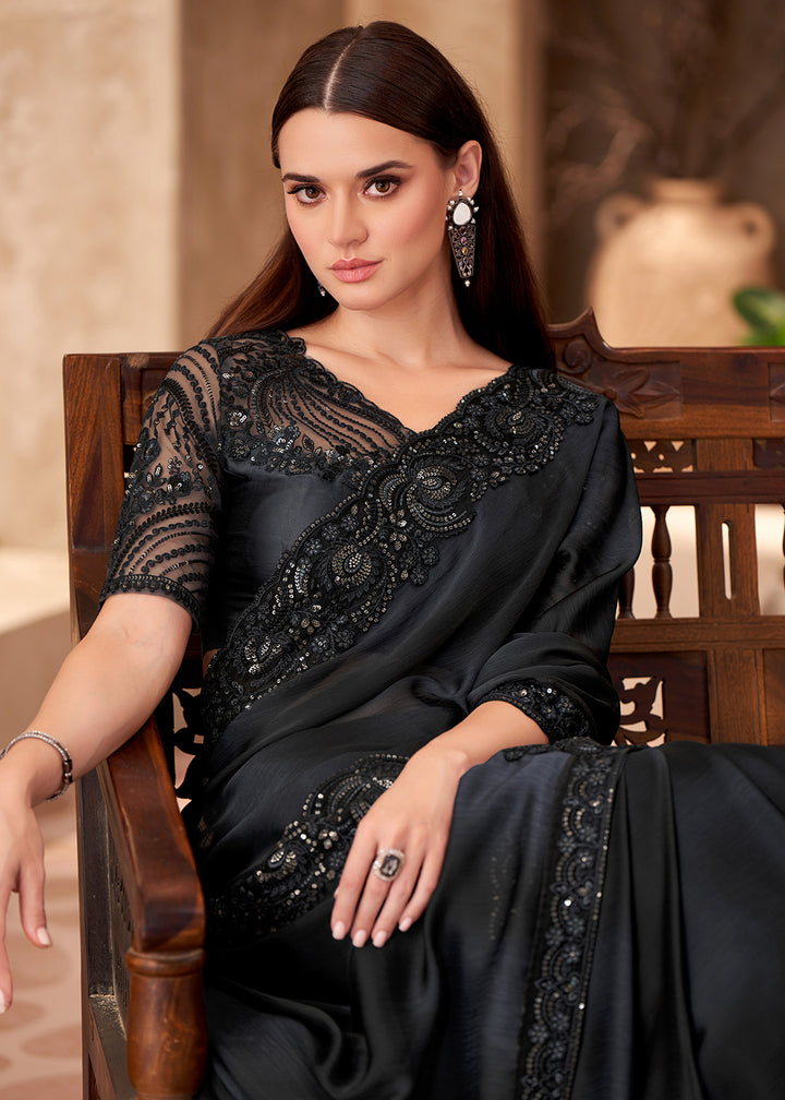 Buy Designer Style Black Embroidered Wedding Saree Online in USA, UK, Canada, France, Germany, Italy, Austria, UAE, Singapore, Spain & Worldwide at Empress.