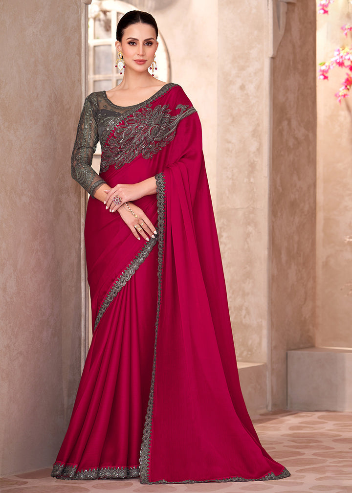 Buy Designer Style Red Embroidered Wedding Saree Online in USA, UK, Canada, France, Germany, Italy, Austria, UAE, Singapore, Spain & Worldwide at Empress.