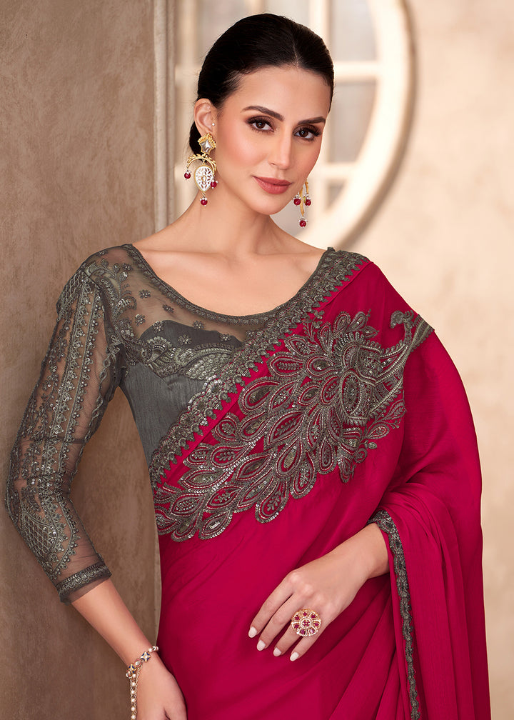 Buy Designer Style Red Embroidered Wedding Saree Online in USA, UK, Canada, France, Germany, Italy, Austria, UAE, Singapore, Spain & Worldwide at Empress.