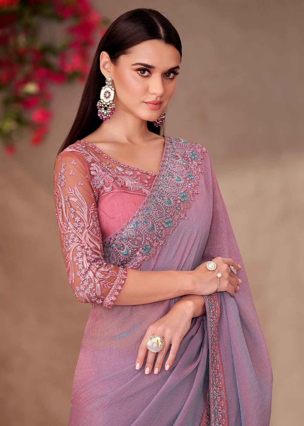Buy Designer Style Rich Pink Embroidered Wedding Saree Online in USA, UK, Canada, France, Germany, Italy, Austria, UAE, Singapore, Spain & Worldwide at Empress.