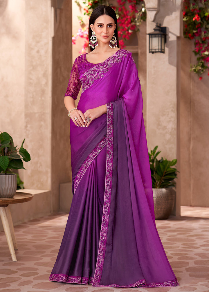 Buy Designer Style Violet Embroidered Wedding Saree Online in USA, UK, Canada, France, Germany, Italy, Austria, UAE, Singapore, Spain & Worldwide at Empress.