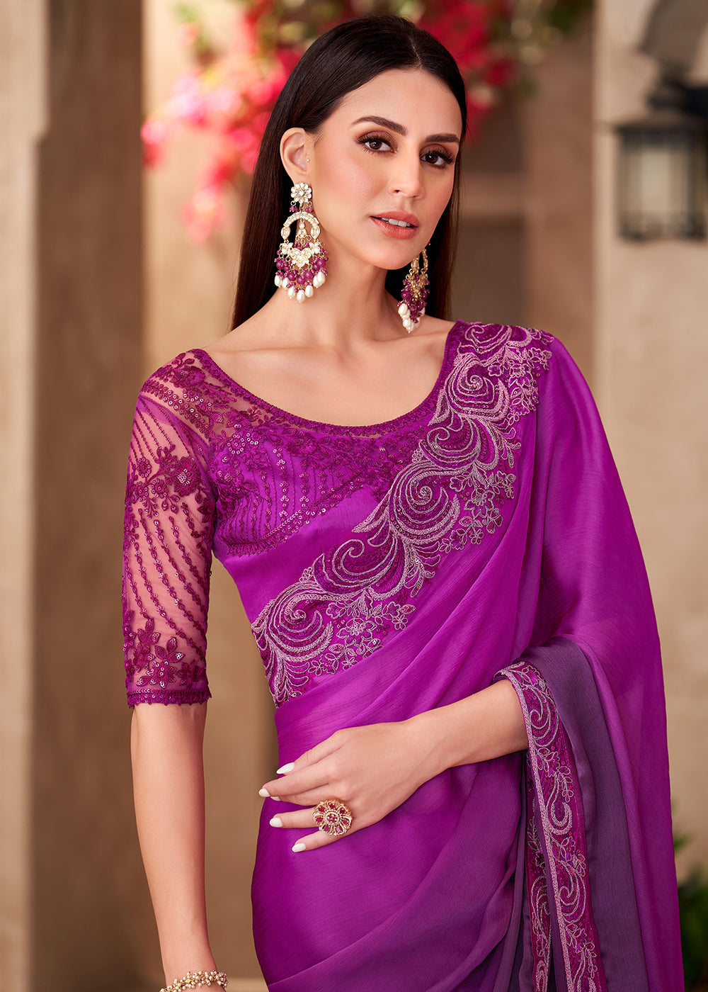 Buy Designer Style Violet Embroidered Wedding Saree Online in USA, UK, Canada, France, Germany, Italy, Austria, UAE, Singapore, Spain & Worldwide at Empress.