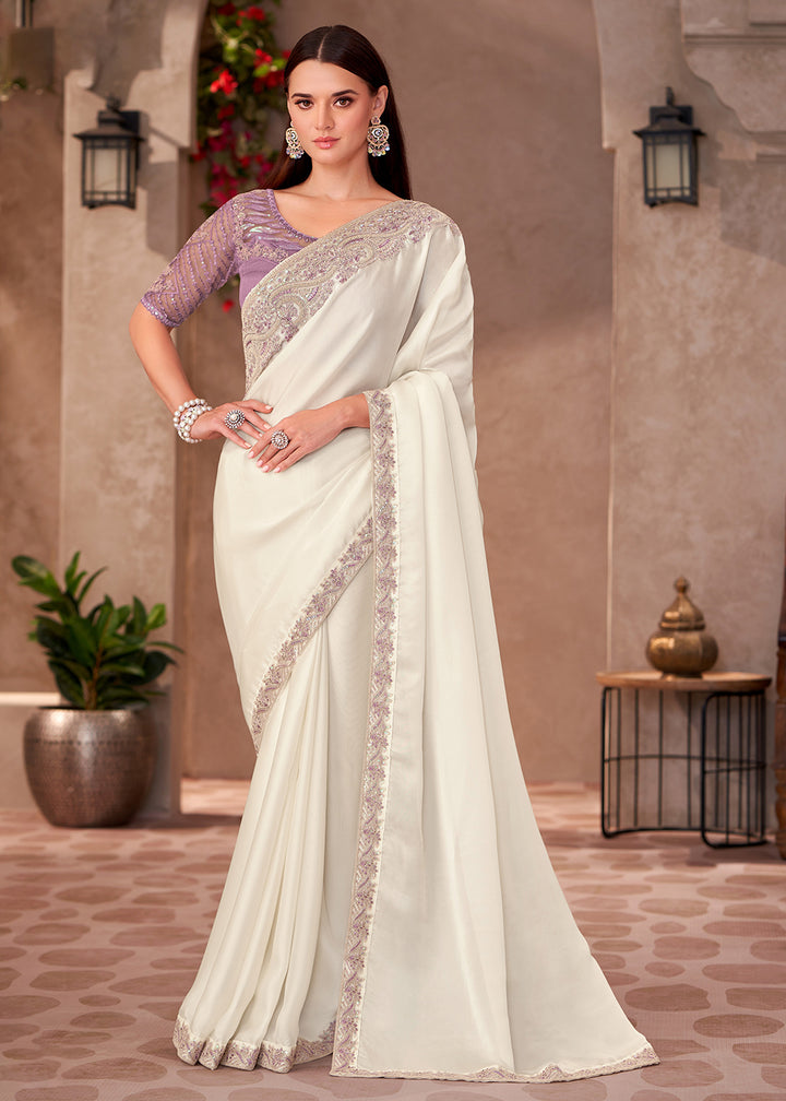 Buy Designer Style White Embroidered Wedding Saree Online in USA, UK, Canada, France, Germany, Italy, Austria, UAE, Singapore, Spain & Worldwide at Empress.