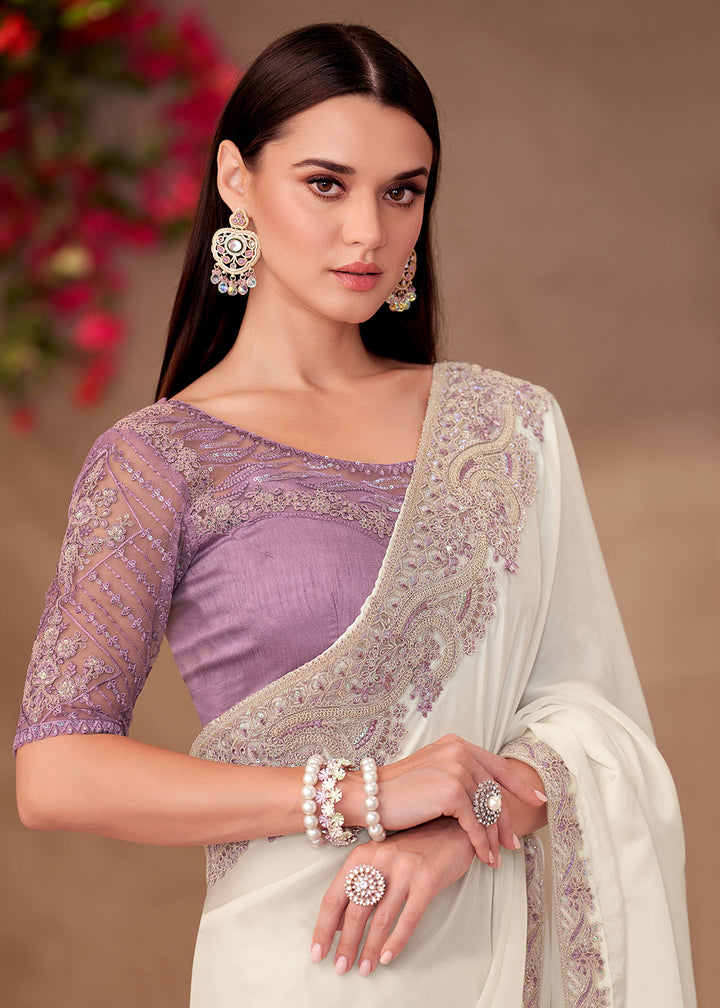 Buy Designer Style White Embroidered Wedding Saree Online in USA, UK, Canada, France, Germany, Italy, Austria, UAE, Singapore, Spain & Worldwide at Empress.