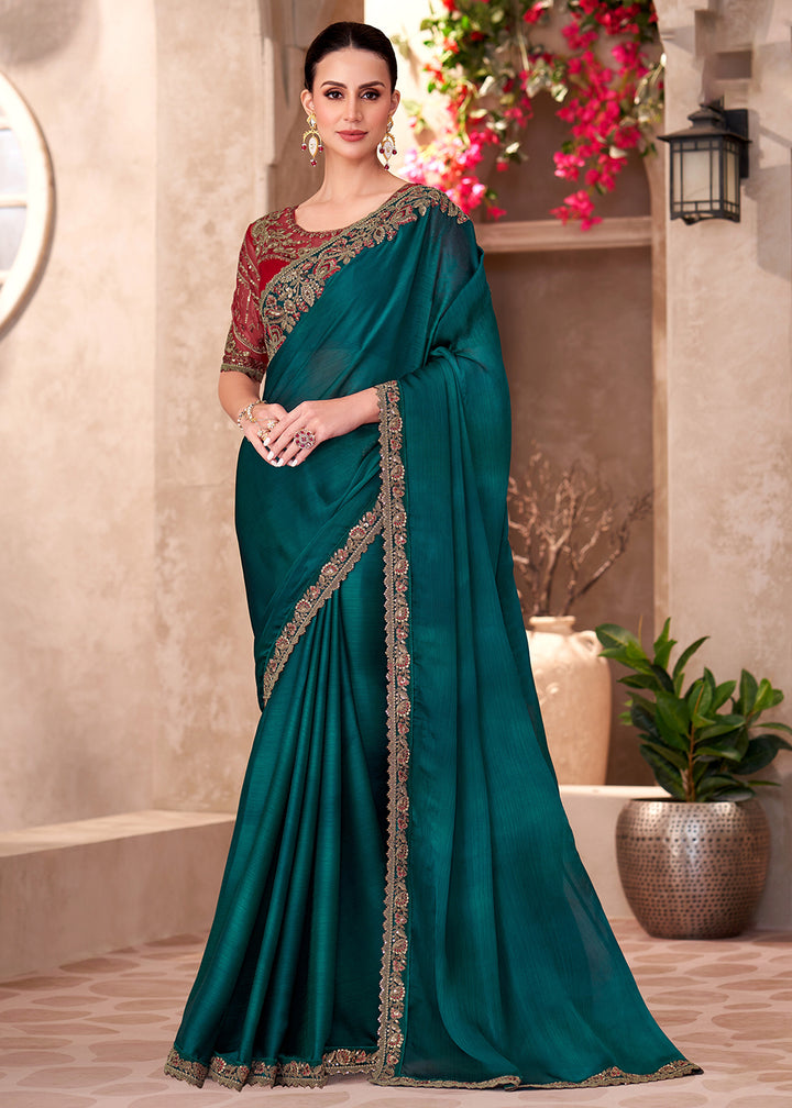 Buy Designer Style Green Embroidered Wedding Saree Online in USA, UK, Canada, France, Germany, Italy, Austria, UAE, Singapore, Spain & Worldwide at Empress.