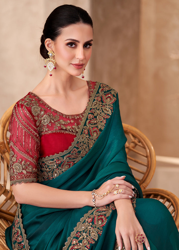 Buy Designer Style Green Embroidered Wedding Saree Online in USA, UK, Canada, France, Germany, Italy, Austria, UAE, Singapore, Spain & Worldwide at Empress.