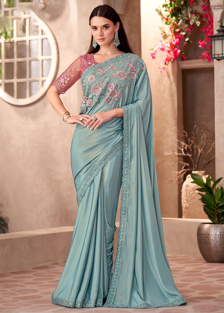 Buy Designer Style Sky Blue Embroidered Wedding Saree Online in USA, UK, Canada, France, Germany, Italy, Austria, UAE, Singapore, Spain & Worldwide at Empress.