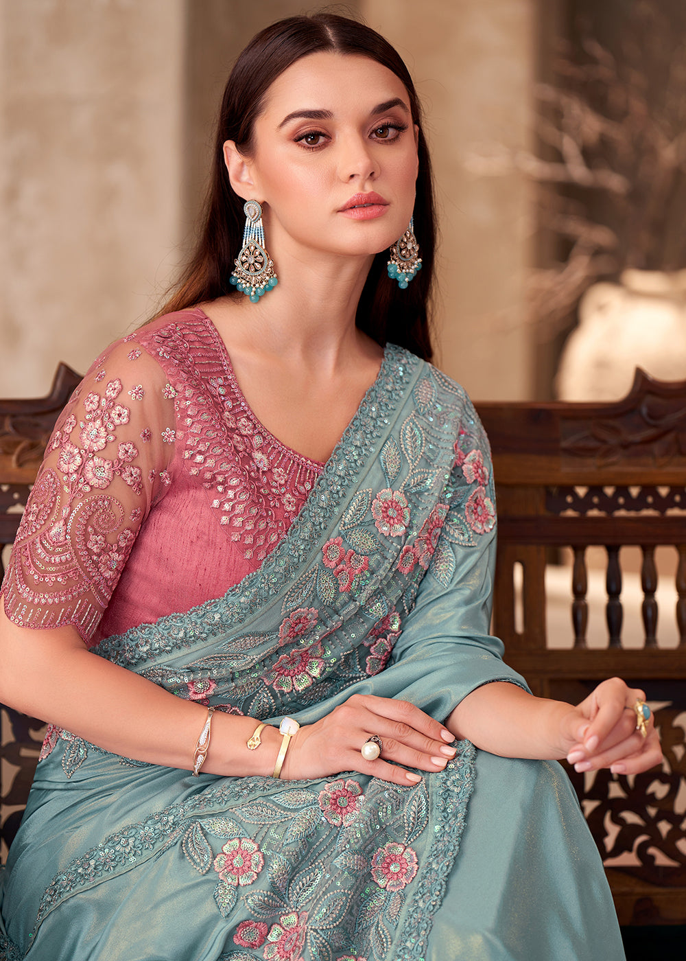Buy Designer Style Sky Blue Embroidered Wedding Saree Online in USA, UK, Canada, France, Germany, Italy, Austria, UAE, Singapore, Spain & Worldwide at Empress.