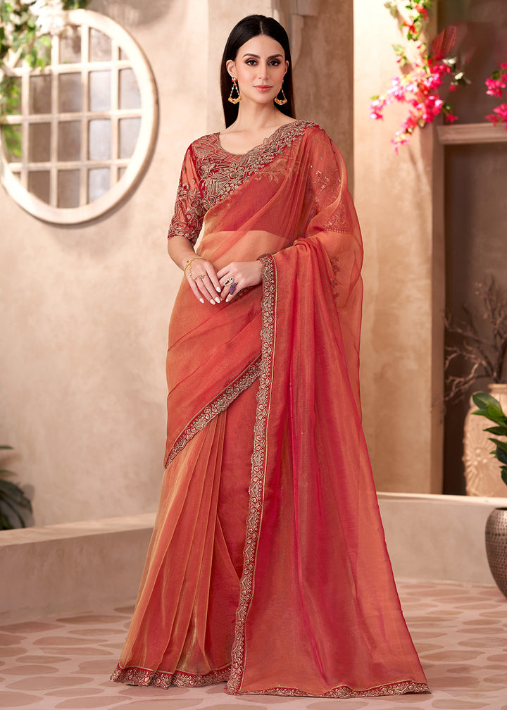 Buy Designer Style Orange Embroidered Wedding Saree Online in USA, UK, Canada, France, Germany, Italy, Austria, UAE, Singapore, Spain & Worldwide at Empress.