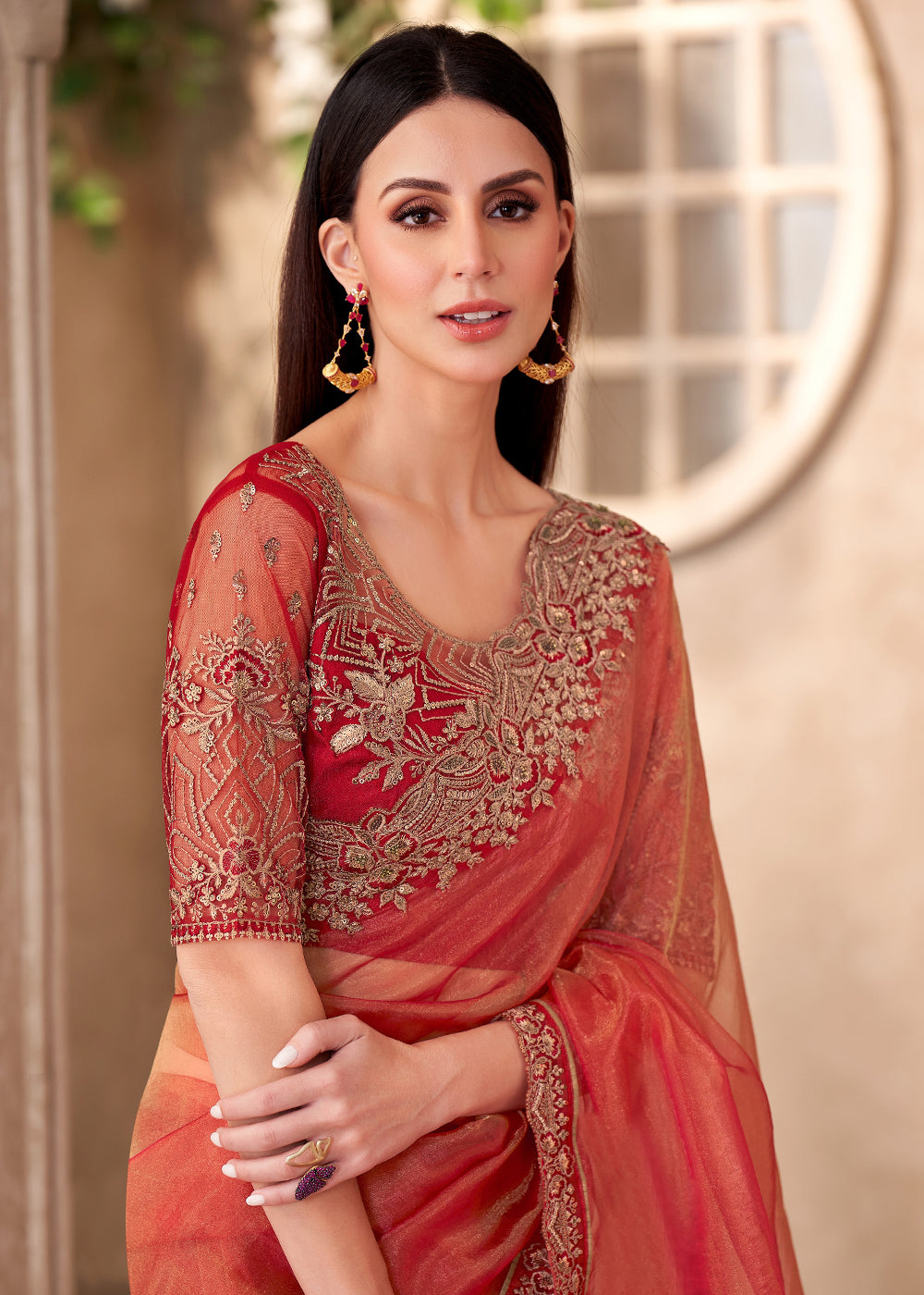 Buy Designer Style Orange Embroidered Wedding Saree Online in USA, UK, Canada, France, Germany, Italy, Austria, UAE, Singapore, Spain & Worldwide at Empress.