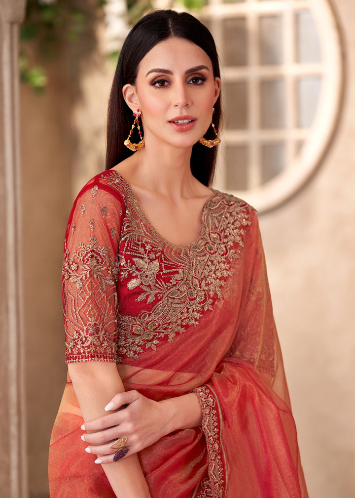 Buy Designer Style Orange Embroidered Wedding Saree Online in USA, UK, Canada, France, Germany, Italy, Austria, UAE, Singapore, Spain & Worldwide at Empress.