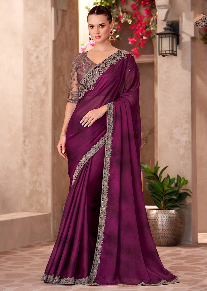Buy Designer Style Wine Embroidered Wedding Saree Online in USA, UK, Canada, France, Germany, Italy, Austria, UAE, Singapore, Spain & Worldwide at Empress.