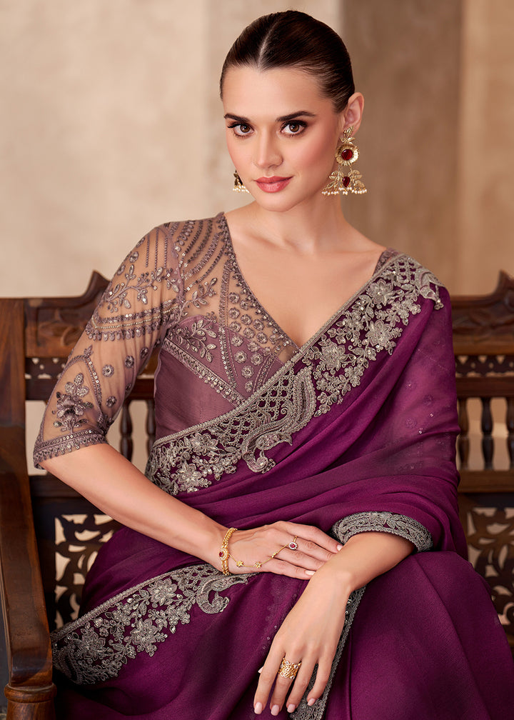 Buy Designer Style Wine Embroidered Wedding Saree Online in USA, UK, Canada, France, Germany, Italy, Austria, UAE, Singapore, Spain & Worldwide at Empress.