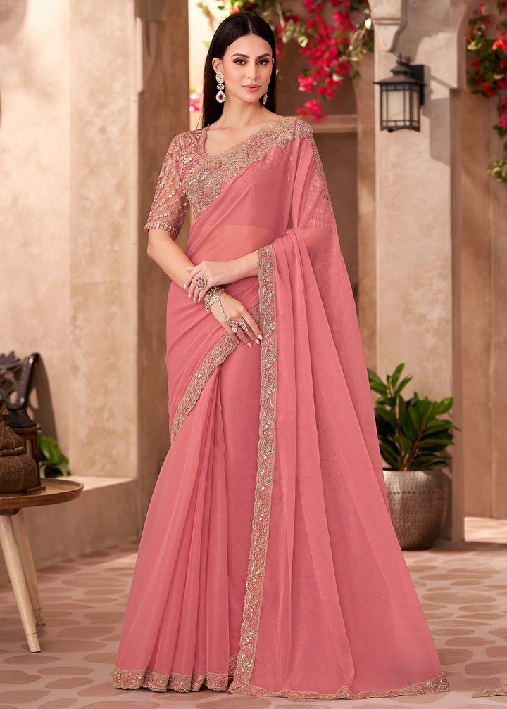 Buy Designer Style Peach Embroidered Wedding Saree Online in USA, UK, Canada, France, Germany, Italy, Austria, UAE, Singapore, Spain & Worldwide at Empress.