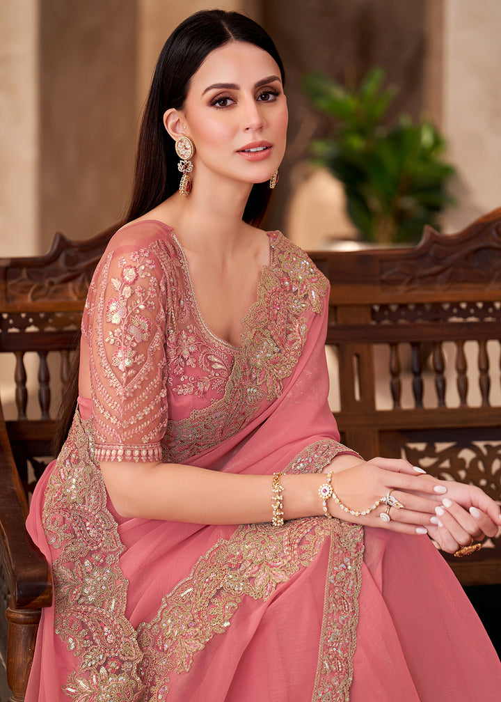 Buy Designer Style Peach Embroidered Wedding Saree Online in USA, UK, Canada, France, Germany, Italy, Austria, UAE, Singapore, Spain & Worldwide at Empress.