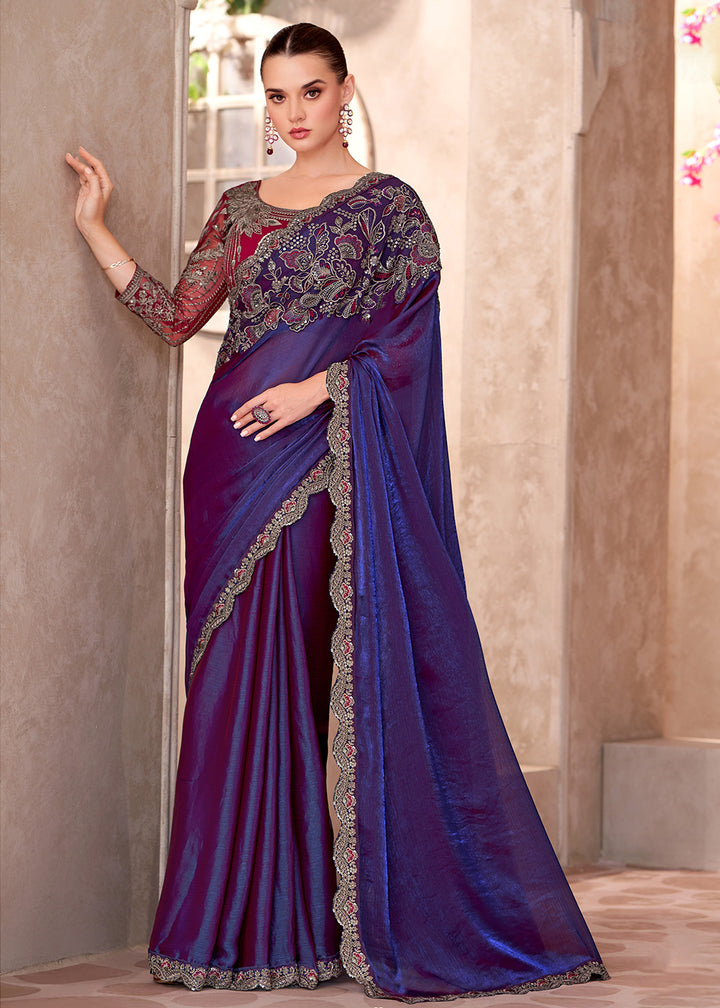 Buy Designer Style Electric Blue Embroidered Wedding Saree Online in USA, UK, Canada, France, Germany, Italy, Austria, UAE, Singapore & Worldwide at Empress.