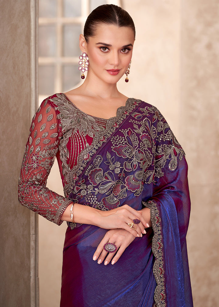 Buy Designer Style Electric Blue Embroidered Wedding Saree Online in USA, UK, Canada, France, Germany, Italy, Austria, UAE, Singapore & Worldwide at Empress.