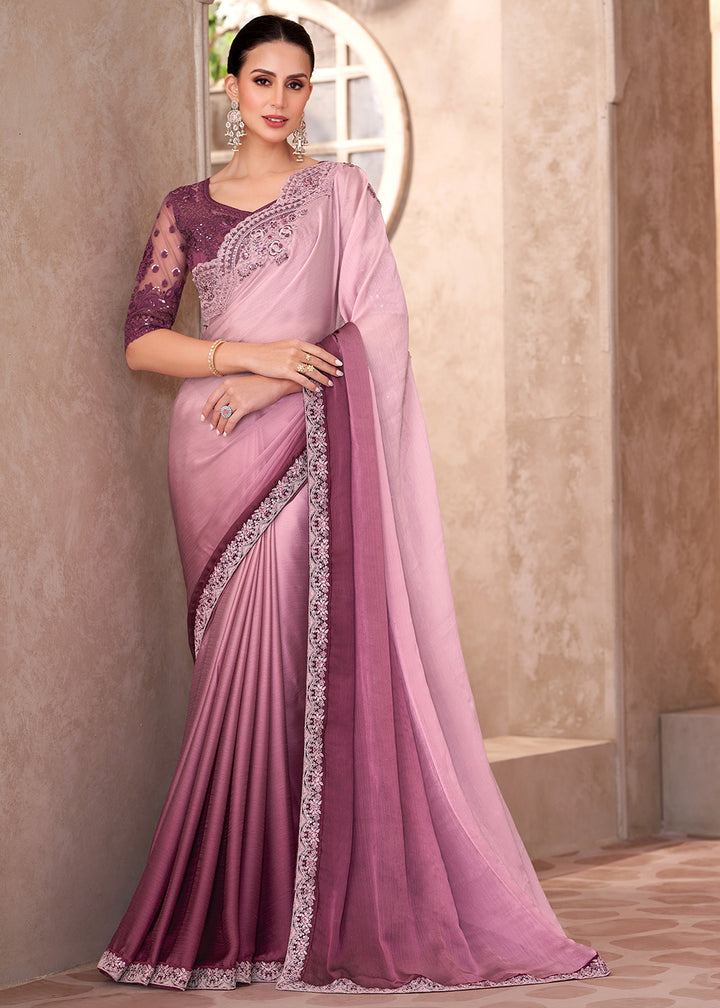Buy Designer Style Ombre Pink Embroidered Wedding Saree Online in USA, UK, Canada, France, Germany, Italy, Austria, UAE, Singapore & Worldwide at Empress.