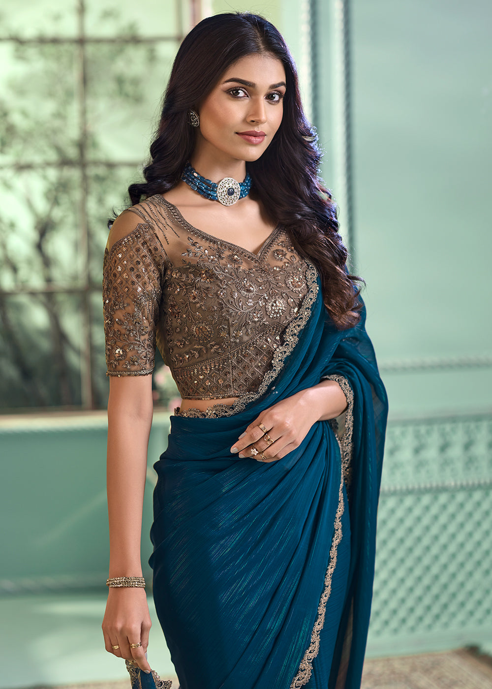 Buy Now Lovely Teal Georgette Embroidered Wedding Party Wear Saree Online in USA, UK, Canada & Worldwide at Empress Clothing.