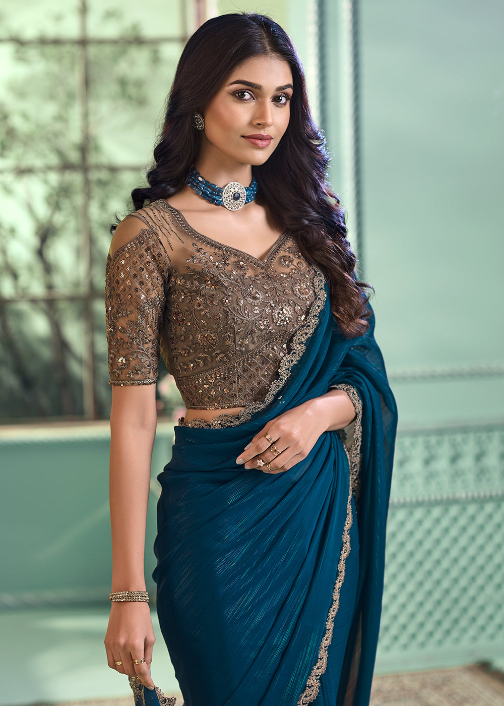 Lovely Teal Georgette Embroidered Wedding Party Wear Saree
