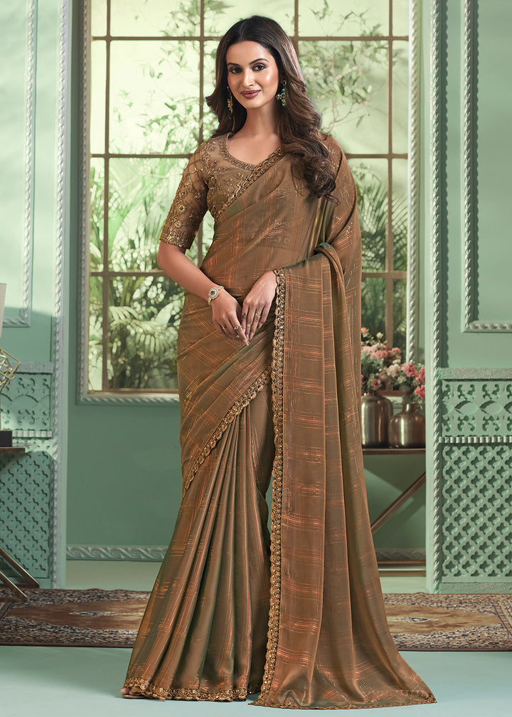 Buy Now Lovely Beige Georgette Embroidered Wedding Party Wear Saree Online in USA, UK, Canada & Worldwide at Empress Clothing.