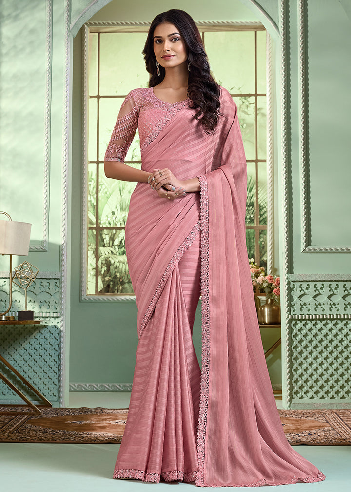 Buy Now Lovely Dusty Pink Georgette Embroidered Wedding Party Wear Saree Online in USA, UK, Canada & Worldwide at Empress Clothing.