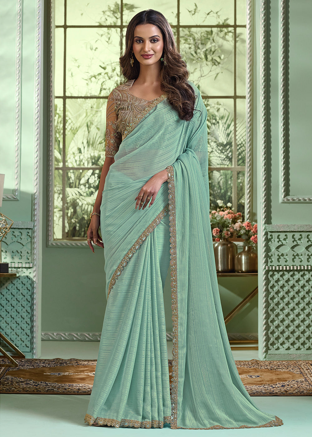 Buy Now Lovely Sky Blue Chiffon Embroidered Wedding Party Wear Saree Online in USA, UK, Canada & Worldwide at Empress Clothing.