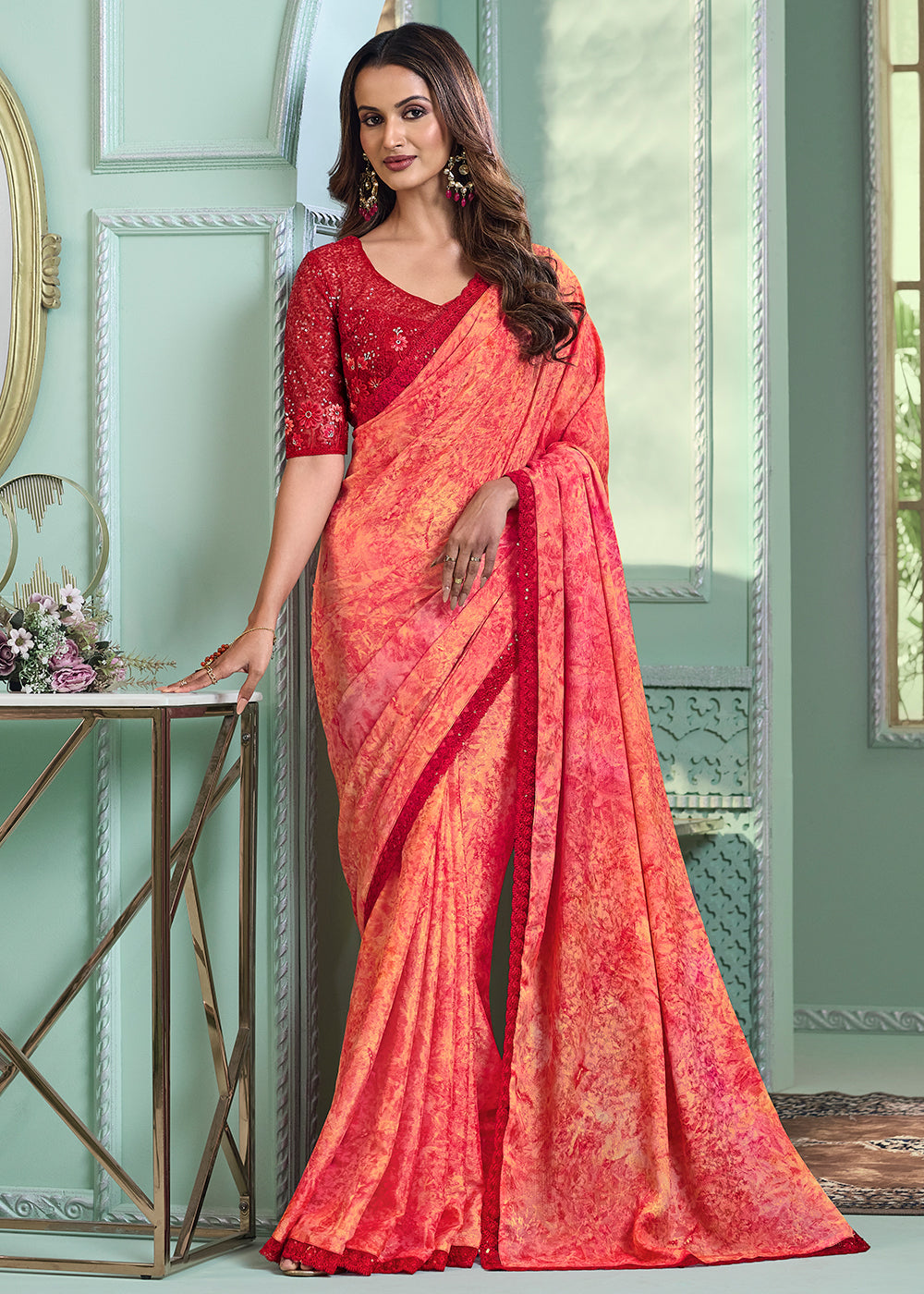 Buy Now Lovely Peach Chiffon Silk Embroidered Wedding Party Wear Saree Online in USA, UK, Canada & Worldwide at Empress Clothing. 