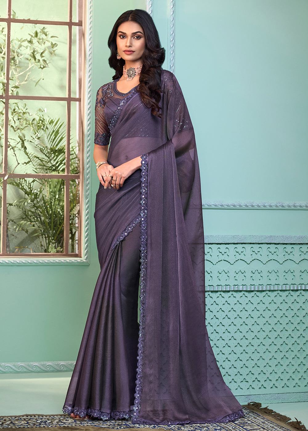 Buy Now Lovely Lavender Georgette Embroidered Wedding Party Wear Saree Online in USA, UK, Canada & Worldwide at Empress Clothing.