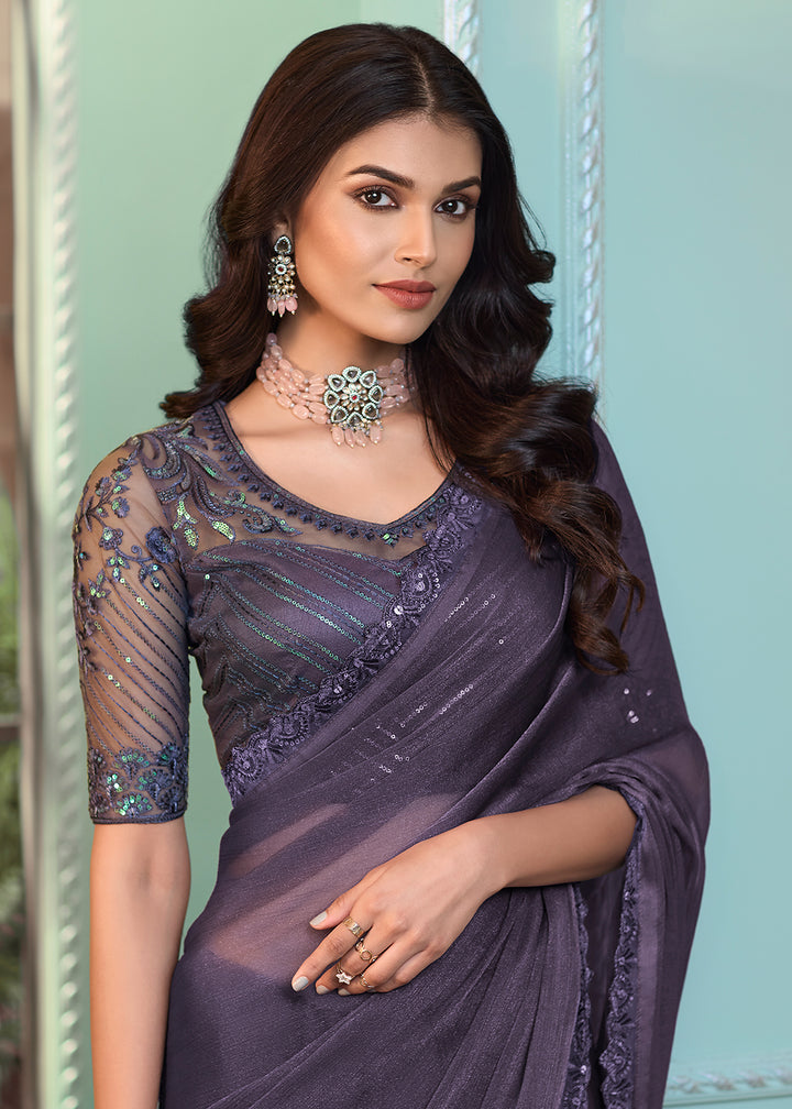 Buy Now Lovely Lavender Georgette Embroidered Wedding Party Wear Saree Online in USA, UK, Canada & Worldwide at Empress Clothing.