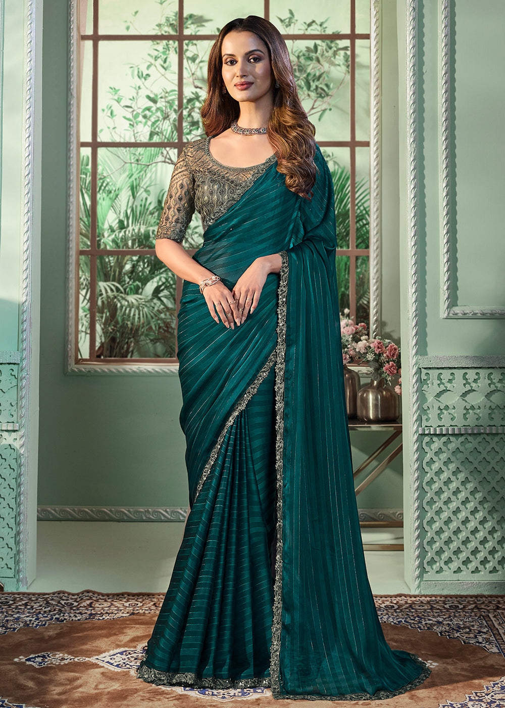 New Designer Georgette Silk top Green Color Saree And Jacquard Work Design | With Blouse Piece For Wedding Wear Saree | Women Function Saree.